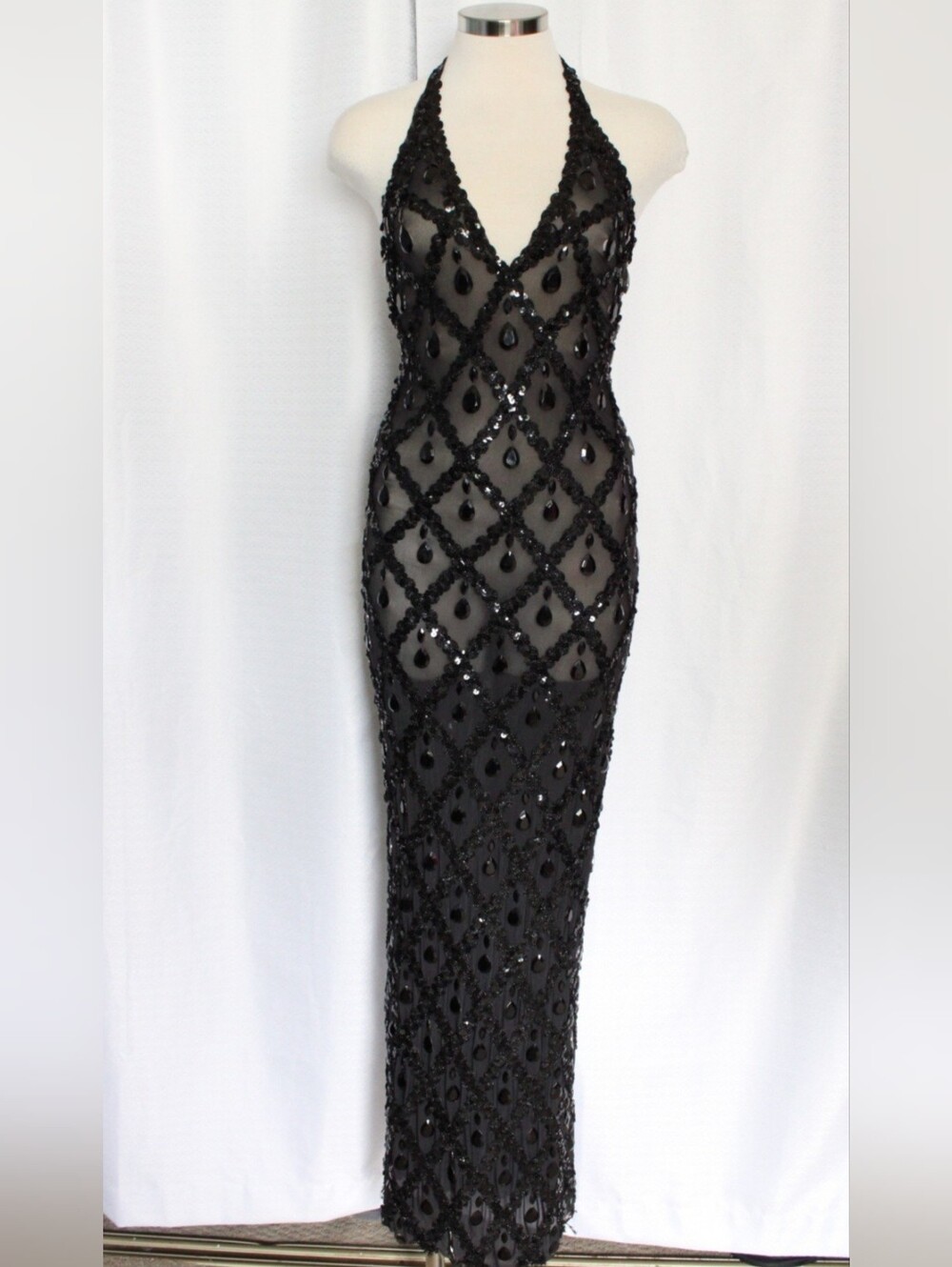 Black Sheer Jeweled Halter Maxi Dress Rhinestone Lattice Stretch